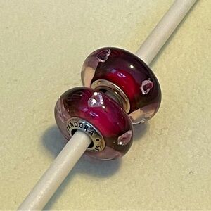 2 Authentic Pandora Cerise Pink Heart Glass Charms (2) w/ Clear Cubic Zirconia